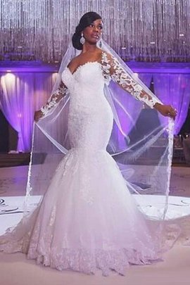 Robe de mariée naturel appliques avec manche longue de traîne courte de sirène