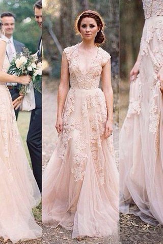 Robe de mariée frappant en tulle manche nulle de col en v appliques - photo 3