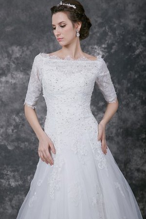 Robe de mariée a-ligne de traîne courte avec manche 1/2 textile en tulle col en bateau - photo 2