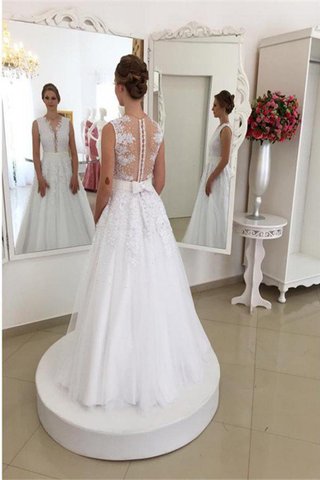 Robe de mariée en tulle appliques de traîne courte ligne a manche nulle - photo 2