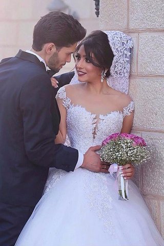 Robe de mariée accrocheur en tulle de col en cœur avec manche longue naturel - photo 2