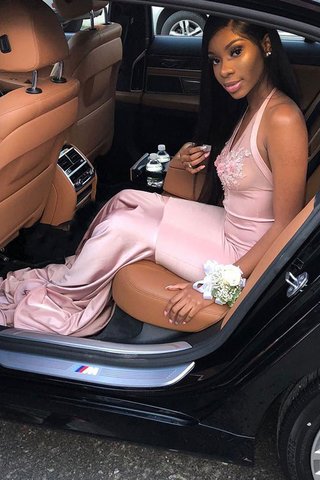 Robe de soirée haute qualité de sirène en satin appliques naturel - photo 2