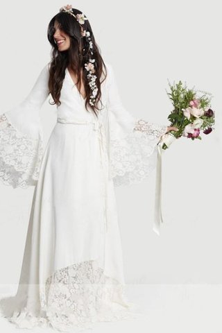 Robe de mariée de col en v coupé avec décoration dentelle avec manche longue naturel - photo 5