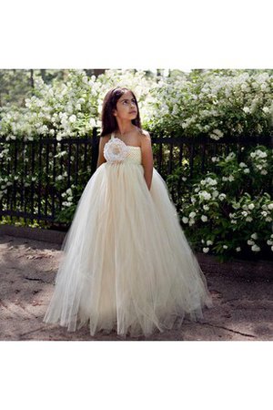 Robe de cortège enfant plissé en tulle d'épaule asymétrique avec fleurs manche nulle - photo 1