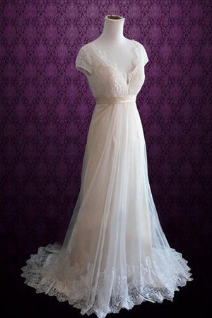 Robe de mariée vintage plissage ligne a avec nœud v encolure - photo 1