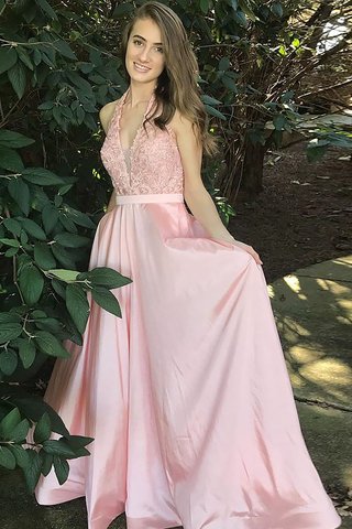 Robe de soirée naturel avec décoration dentelle en satin de princesse manche nulle - photo 1