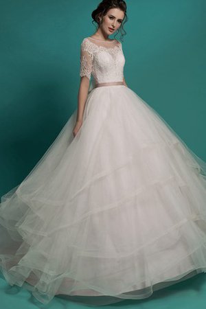 Robe de mariée encolure ronde avec gradins avec nœud textile en tulle en dentelle - photo 1