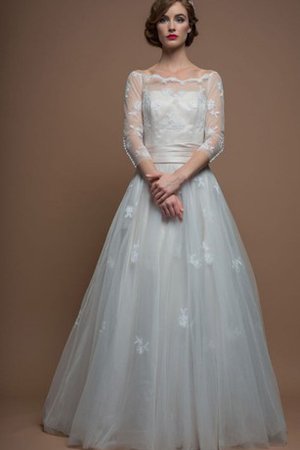 Robe de mariée de col bateau decoration en fleur en tulle ligne a en 3/4 manche - photo 1