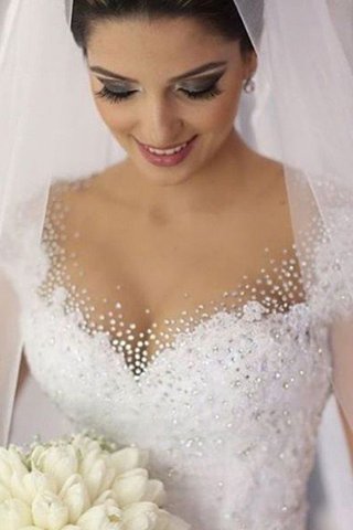Robe de mariée naturel textile en tulle de col en v manche nulle avec perle - photo 2