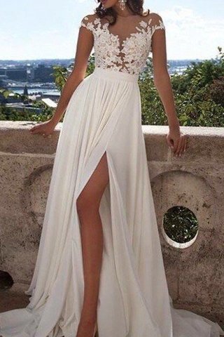 Robe de mariée de princesse en chiffon avec manche courte col u profond jusqu'au sol - photo 2