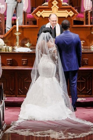 Robe de mariée naturel appliques avec manche longue de traîne courte de sirène - photo 3