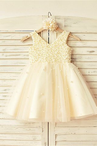 Robe de cortège enfant naturel avec perles manche nulle a-ligne avec fleurs - photo 2