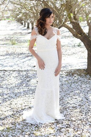 Robe de mariée naturel longue avec manche courte de fourreau en dentelle - photo 2