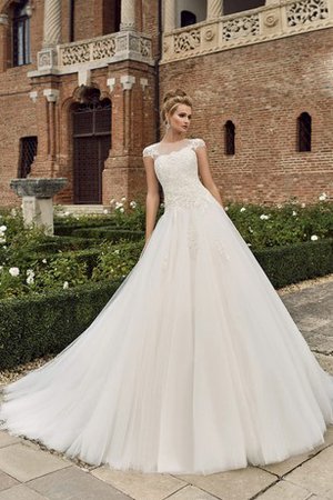 Robe de mariée naturel decoration en fleur col en bateau avec manche courte en tulle - photo 1