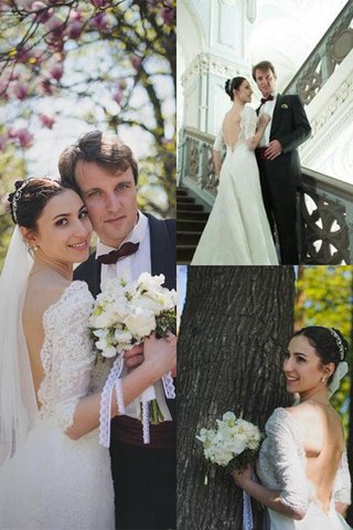 Robe de mariée naturel avec décoration dentelle en forme v encolure en 1/2 manche - photo 2