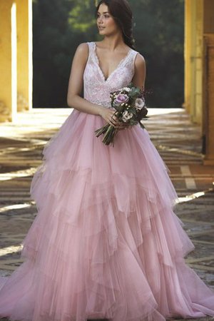 Robe de mariée naturel de col en v avec décoration dentelle en tulle manche nulle - photo 2