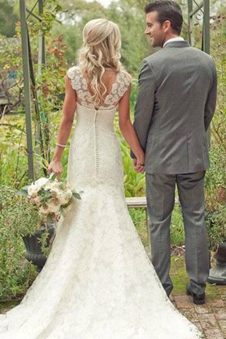 Robe de mariée naturel de sirène avec décoration dentelle de col en v manche nulle - photo 2