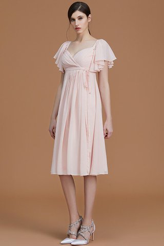 Robe demoiselle d'honneur naturel au niveau de genou en chiffon avec manche courte ruché - photo 5