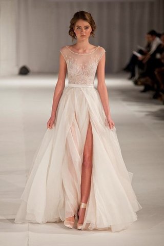 Robe de bal naturel avec perle avec manche courte en organza longueur au niveau de sol - photo 1