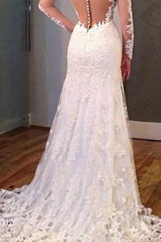 Robe de mariée avec manche longue v encolure fait main avec décoration dentelle naturel - photo 2