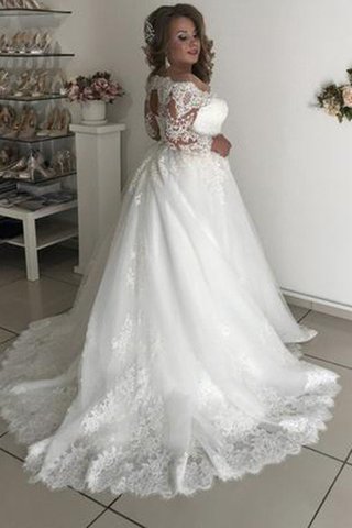 Robe de mariée de traîne courte d'epaule ajourée en tulle avec manche longue noble - photo 3