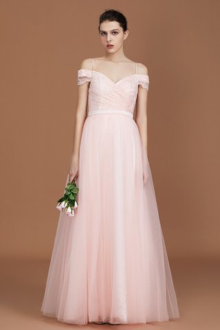 Robe demoiselle d'honneur jusqu'au sol avec manche courte a-ligne voyant ruché - photo 3