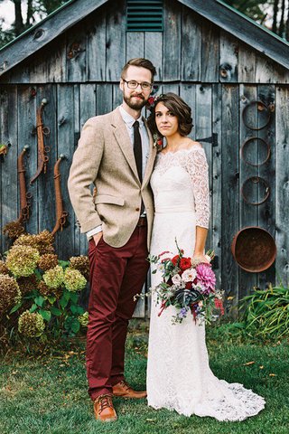 Robe de mariée naturel de traîne courte avec manche 3/4 gaine epaule nue - photo 1