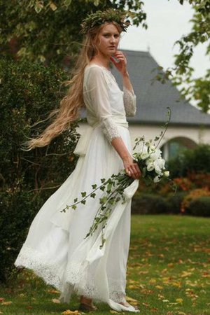 Robe de mariée avec manche 3/4 avec chiffon ceinture longueur au niveau de sol a-ligne - photo 1