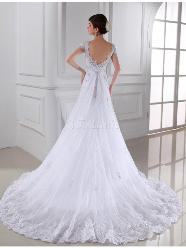 Robe de mariée longue avec zip manche nulle en organza avec perle