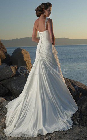 Robe de mariée d'épaule asymétrique avec perle de traîne courte manche nulle a plage
