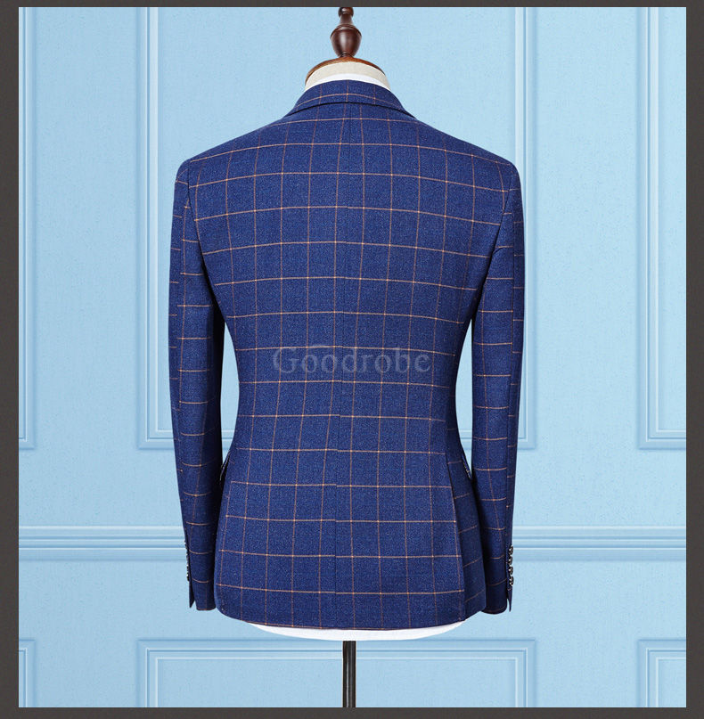 Bleu plaid scène costumes de mariage pour hommes hommes double boutonnage