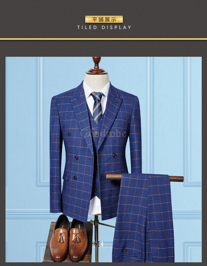 Bleu plaid scène costumes de mariage pour hommes hommes double boutonnage