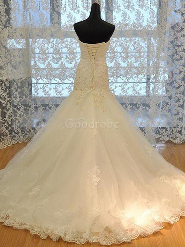 Robe de mariée populaire de col en cœur de sirène textile en tulle appliques