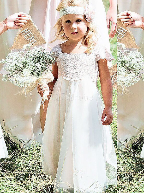 Robe de cortège enfant en chiffon a-ligne avec fleurs avec manche courte de princesse