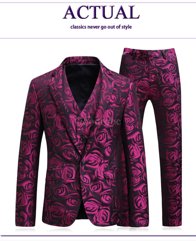 Hommes costume rose imprimé mode 3 pièces hommes blazer hommes