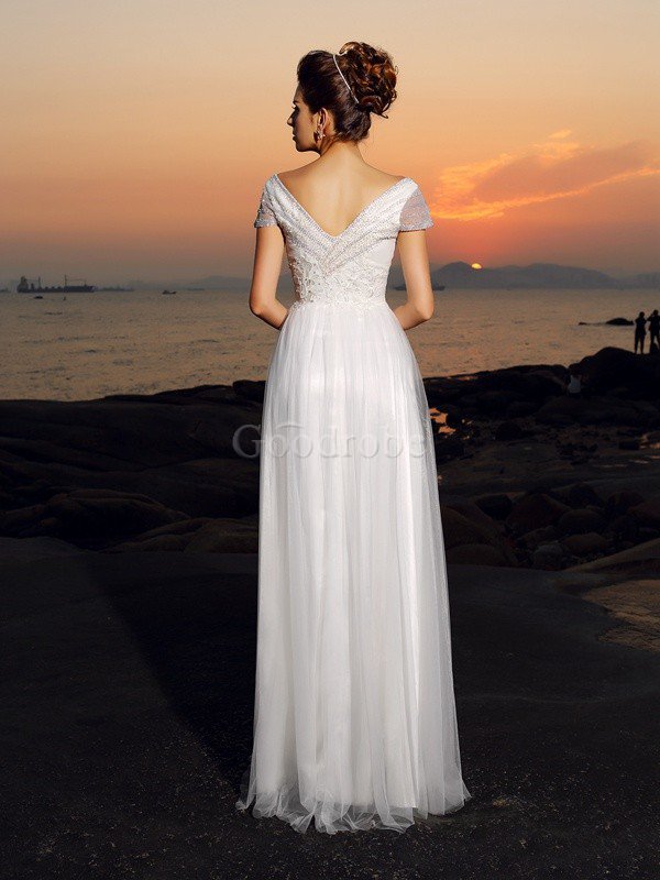 Robe de mariée longue avec perle a-ligne en plage de tour de ceinture empire