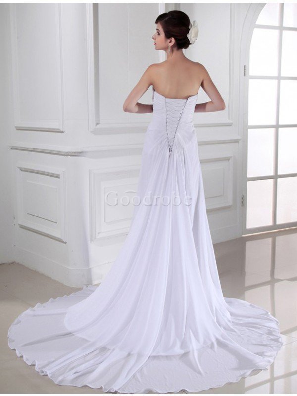 Robe de mariée longue avec fleurs de tour de ceinture en haute avec sans manches cordon