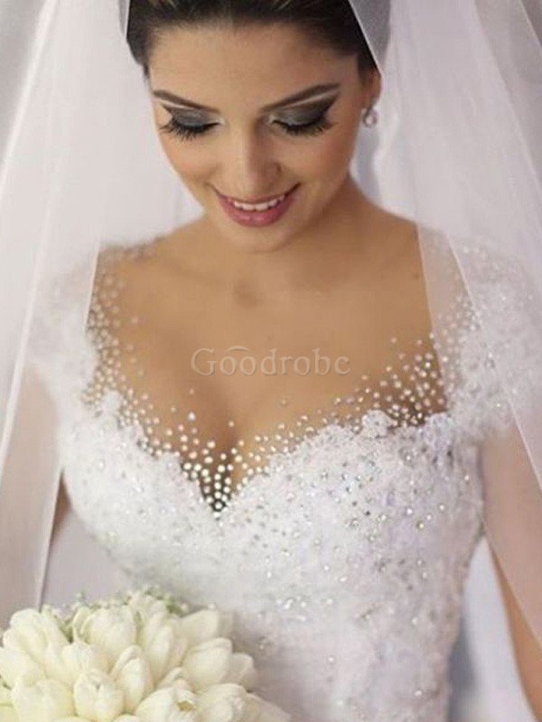 Robe de mariée naturel textile en tulle de col en v manche nulle avec perle