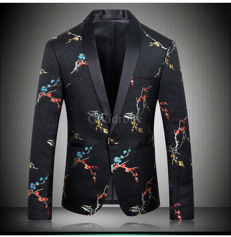 Blazers slim fit top qualité noir imprimé floral veste de mariage grande taille