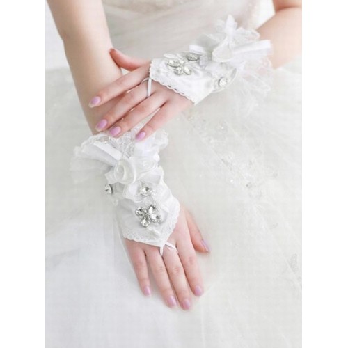 Dentelle avec cristal blanc gants de mariée de luxe avant-gardiste - photo 2
