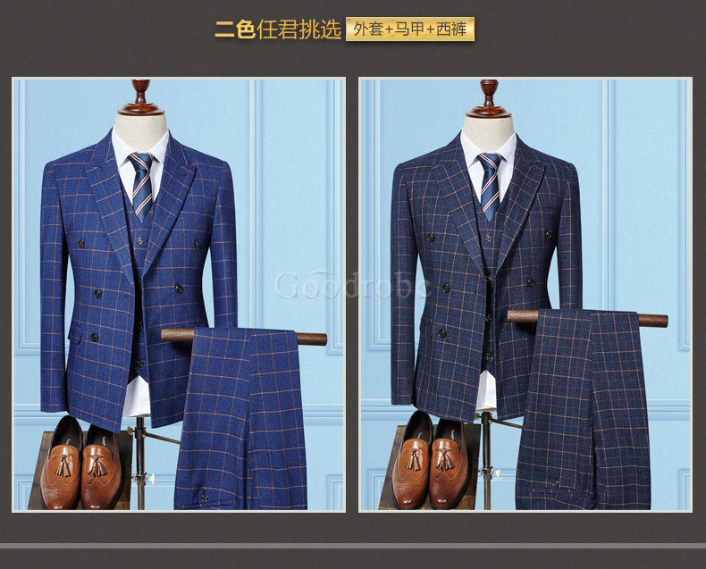 Bleu plaid scène costumes de mariage pour hommes hommes double boutonnage