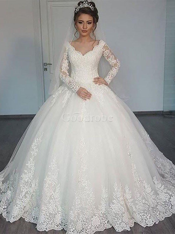 Robe de mariée naturel en tulle de mode de bal avec manche longue v encolure