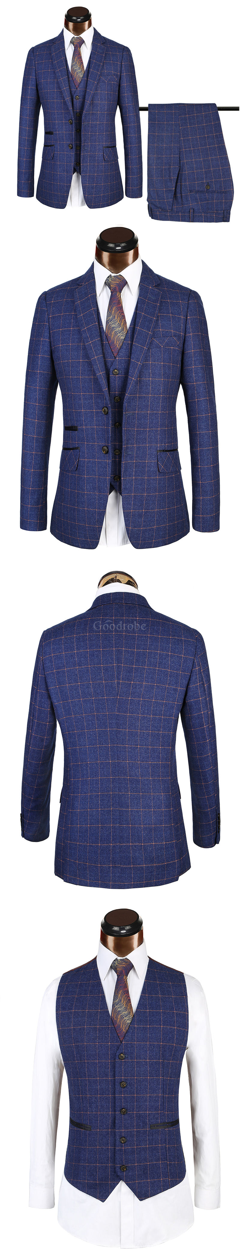 Costume d'affaires bleu mâle blazer plaid costume taille européenne