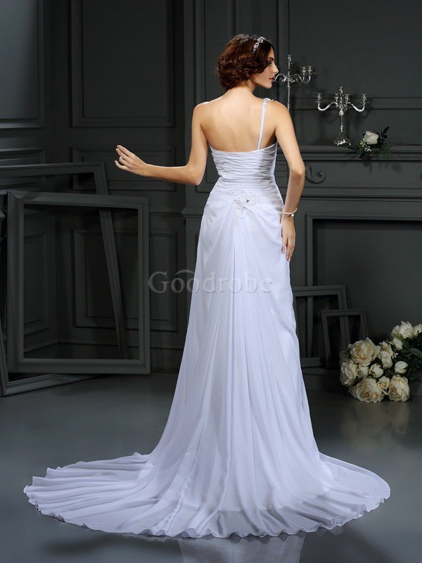 Robe de mariée longue naturel avec sans manches d'épaule asymétrique ligne a