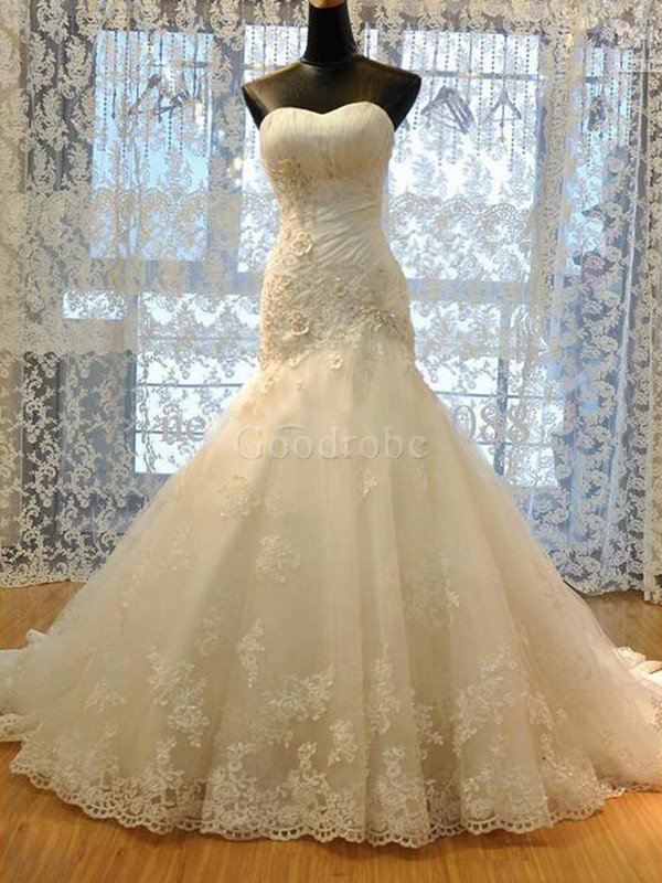 Robe de mariée populaire de col en cœur de sirène textile en tulle appliques