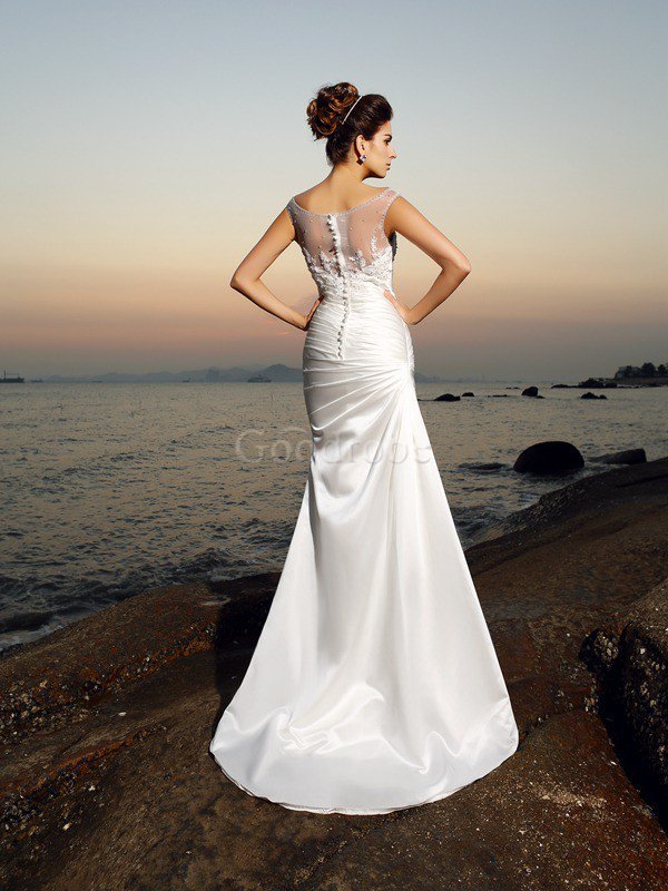 Robe de mariée longue col u profond appliques avec perle en plage