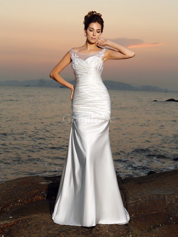 Robe de mariée longue col u profond appliques avec perle en plage